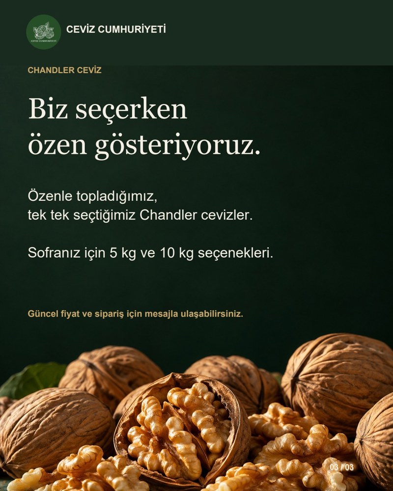 Biz seçerken özen gösteriyoruz: özenle topladığımız, tek tek seçtiğimiz Chandler cevizler.