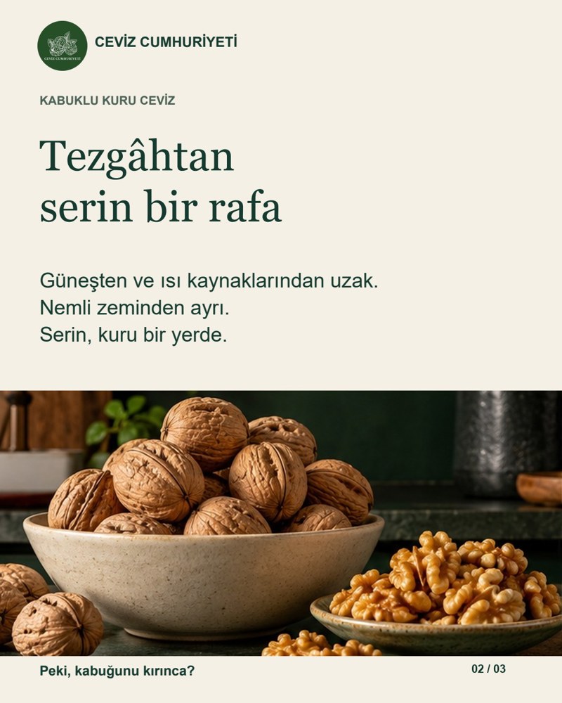 Tezgâhtan serin bir rafa: kabuklu kuru ceviz güneşten ve ısı kaynaklarından uzak, nemli zeminden ayrı, serin ve kuru bir yerde saklanır.